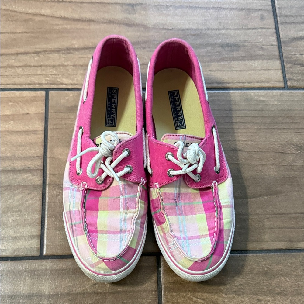 Sperry Pink and Yellow Plaid Boat Shoes